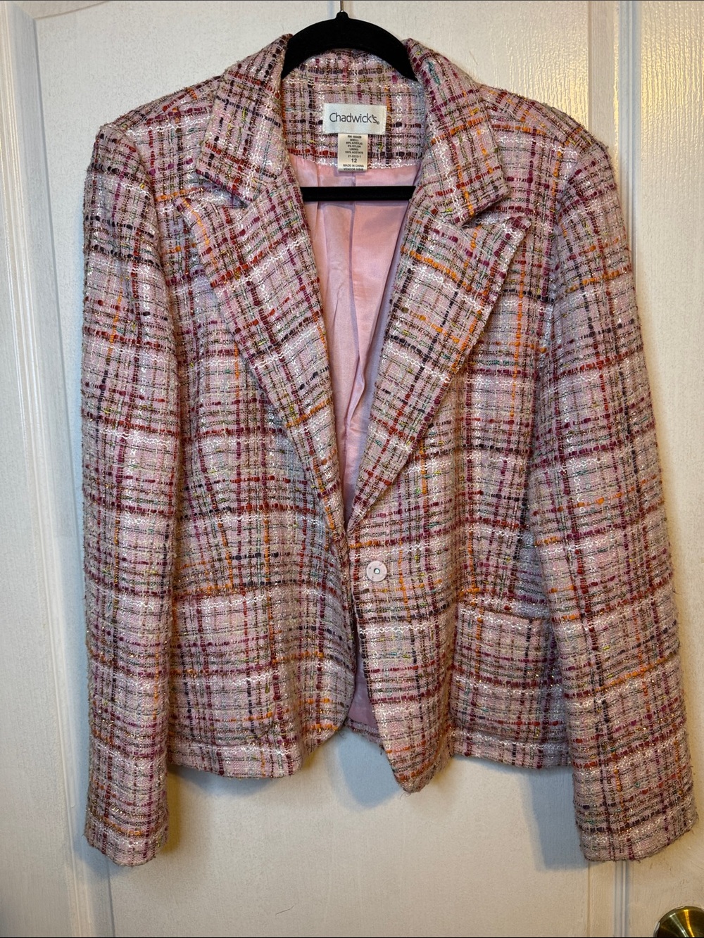 Chadwicks Pink Multicolor Plaid Tweed Blazer